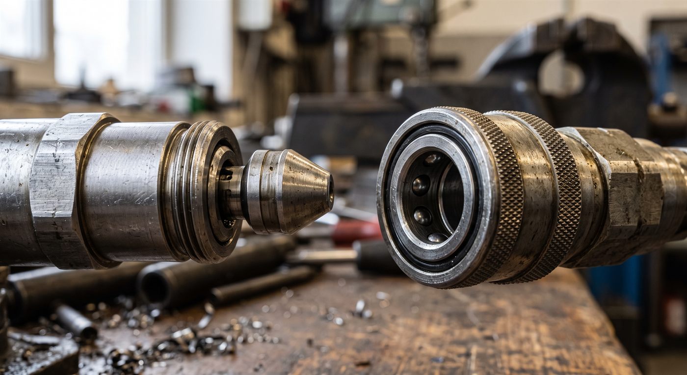 Deux demi-coupleurs hydrauliques face à face, prêts à s'emboîter : le mâle à embout conique à gauche, la femelle à droite avec sa couronne de billes de verrouillage et sa bague crantée.