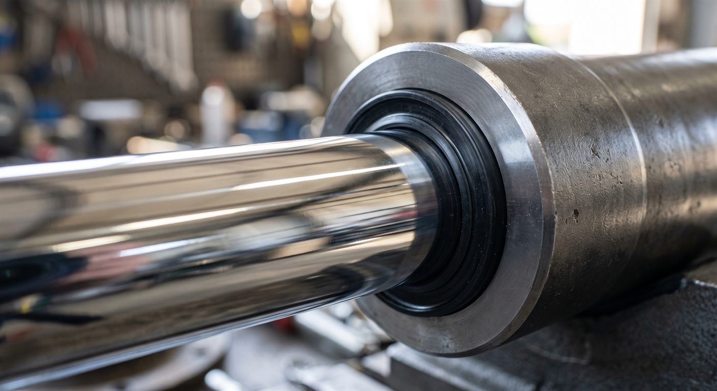 La tige chromée d'un vérin hydraulique sortie, au poli miroir où se reflète l'atelier, et le joint racleur noir en tête du corps de vérin.