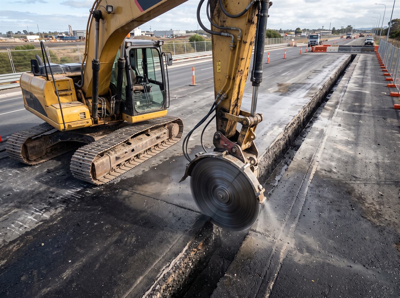 Asphalt disc marking a clean, straight slot in an asphalt carriageway