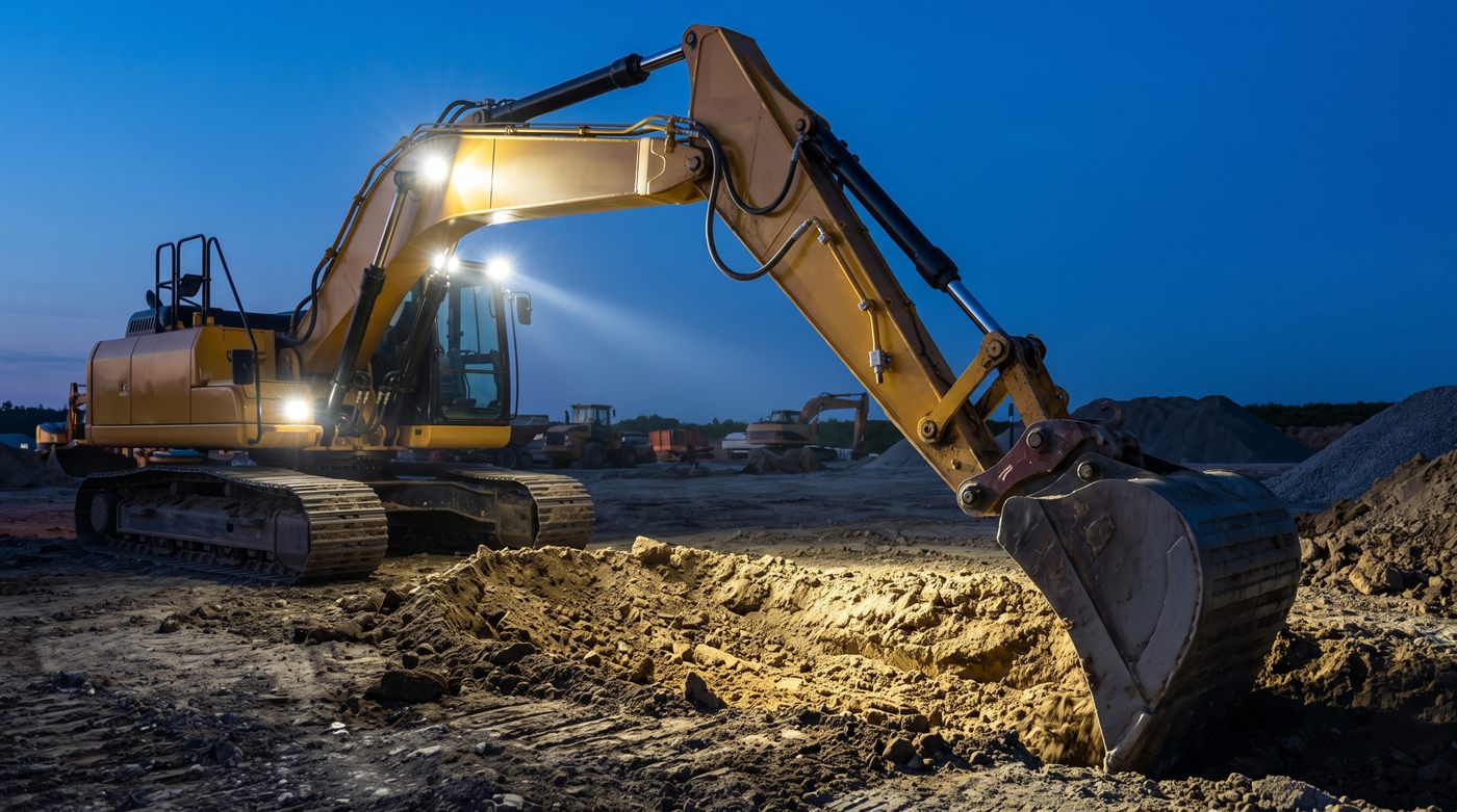 Hydraulic excavator at work as night falls: LED floodlights are lit on the boom and on the cab, their beams visible in the air, lighting the bucket resting on the ground in front of a heap of soil.