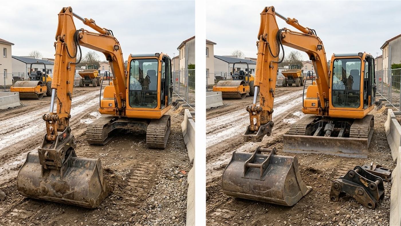 On the left, the adapter fitted in between links the excavator's coupler to a tool of another standard. On the right, without an adapter, the coupler and the tool's mounting plate do not fit together. Computer-generated image.