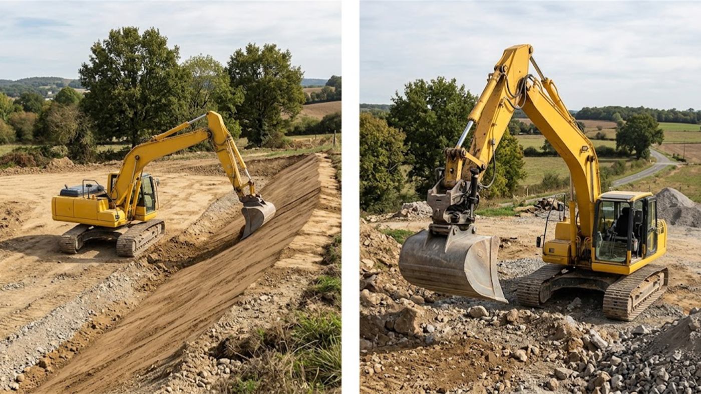 On the left, the machine stays level, the tilted bucket follows the slope of the bank. On the right, the tiltrotator, taller and heavier, also rotates the tool. Computer-generated image.