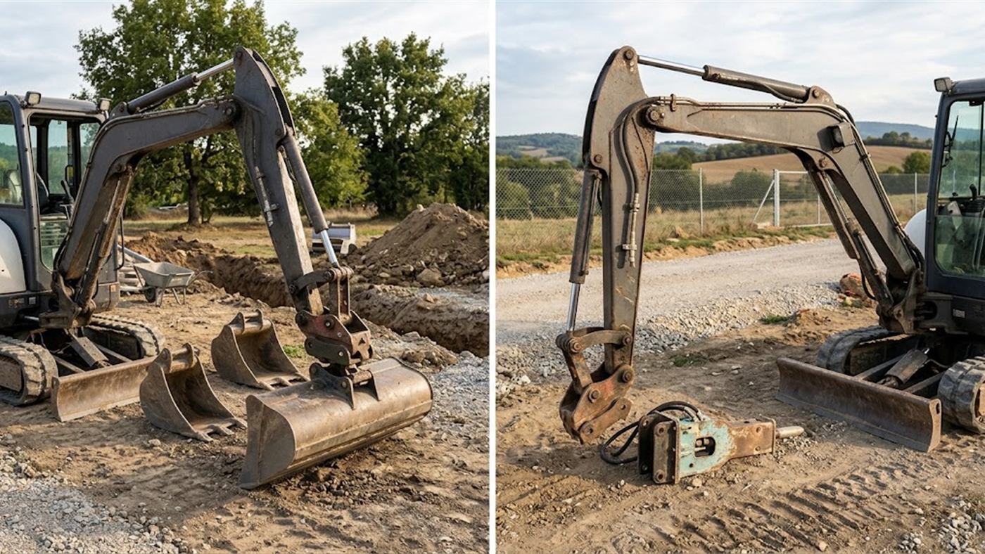 À gauche, l'attache rapide change le godet de la mini-pelle sans démonter d'axes. À droite, sans flexibles en bout de balancier, aucun outil hydraulique ne peut fonctionner. Image de synthèse.