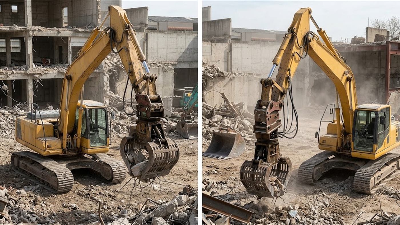 À gauche, l'accrochage raccorde aussi l'hydraulique de l'outil, sans flexible à brancher. À droite, avec un coupleur classique, les flexibles restent à brancher à la main. Image de synthèse.