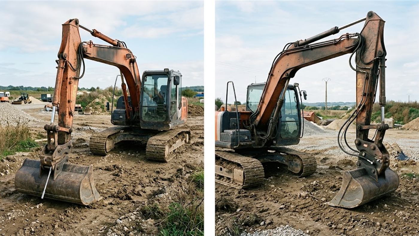 À gauche, le verrouillage se fait à la main, machine arrêtée, sans aucun flexible. À droite, le coupleur hydraulique, lui, demande une ligne le long du balancier. Image de synthèse.