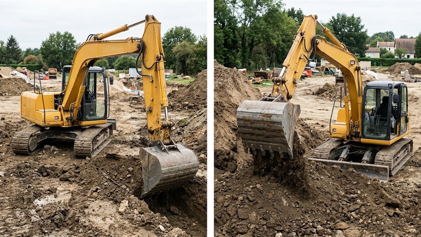 À gauche, le godet travaille en rétro, dents tournées vers la machine. À droite, le même godet repris retourné, dents vers l'extérieur, sans aucun démontage. Image de synthèse.