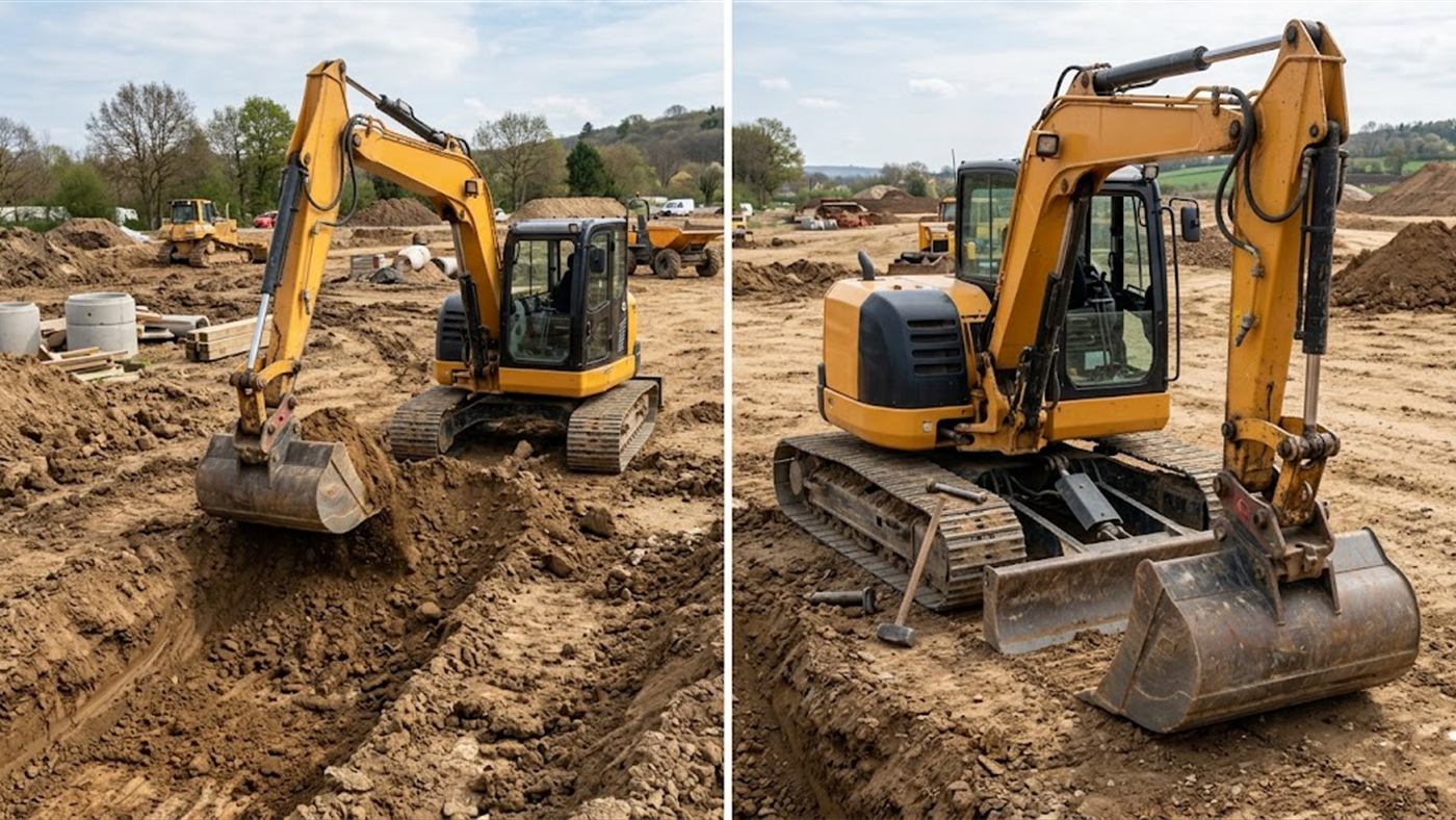 On the left, the bucket is mounted directly on its pins, as close as possible to the dipper arm. On the right, changing tools means removing the pins, with the machine out of action. Computer-generated image.