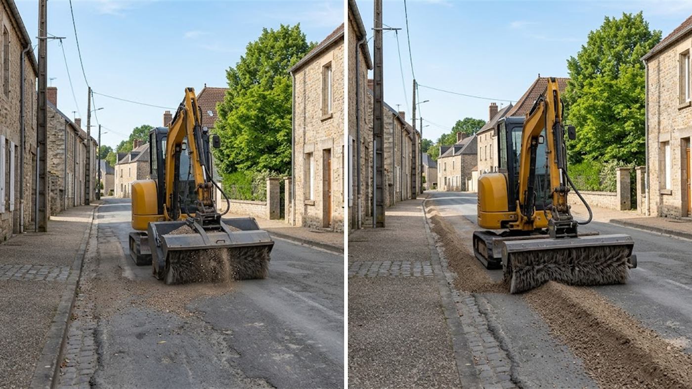 À gauche, avec un bac, la balayeuse emporte les gravillons en un seul passage. À droite, sans bac, la brosse laisse un cordon de gravillons à reprendre. Image de synthèse.