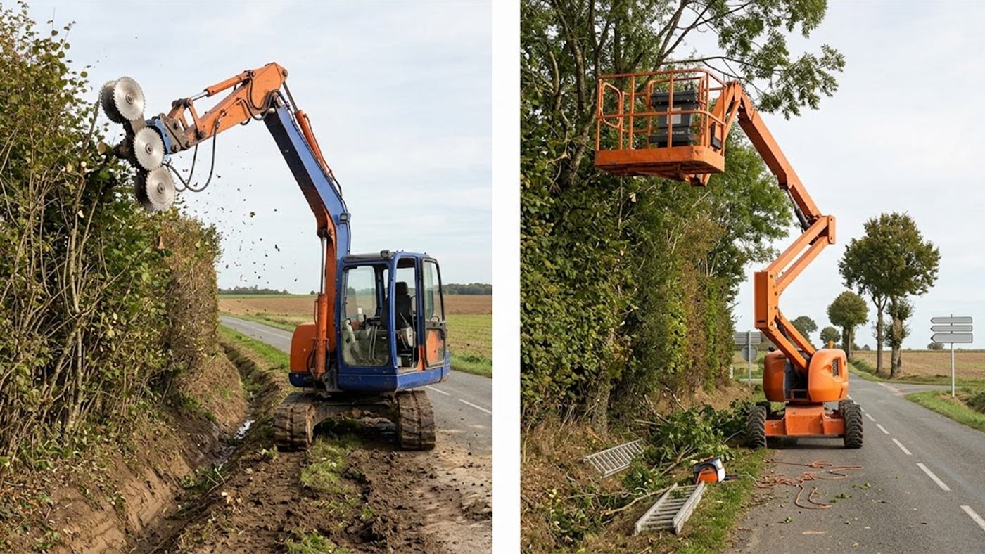 À gauche, la barre porte la coupe jusqu'à la branche, le conducteur reste en cabine. À droite, sans elle, il faut monter en nacelle jusqu'à la branche. Image de synthèse.