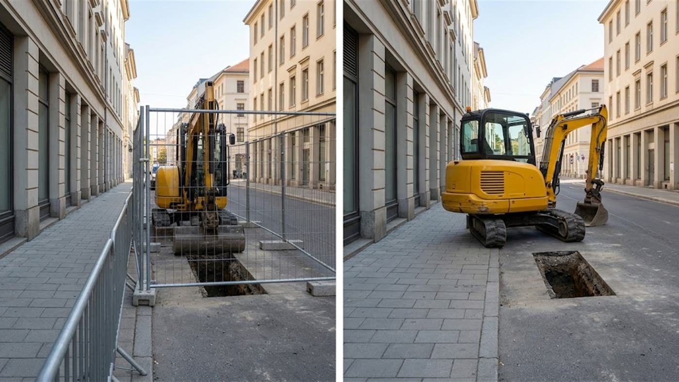 À gauche, des clôtures grillagées sur plots entourent la zone où tourne la mini-pelle, le trottoir longe le chantier à l'écart. À droite, sans clôture, le contrepoids de la mini-pelle tourne au-dessus d'un trottoir ouvert, la tranchée reste à découvert. Image de synthèse.