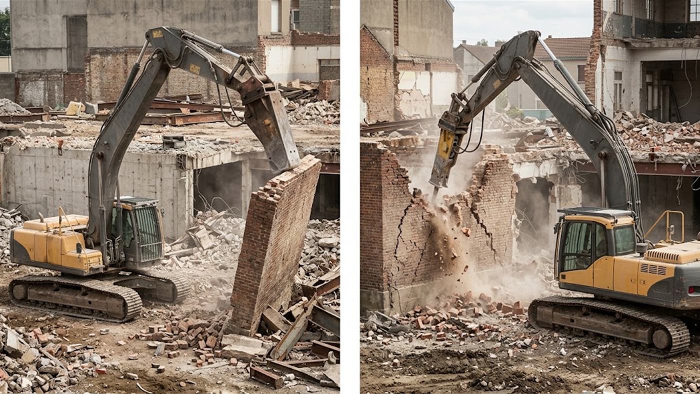 À gauche, le bélier s'appuie et pousse en continu, et le mur bascule d'un bloc. À droite, le brise-roche frappe à coups répétés et renvoie la percussion dans la machine. Image de synthèse.
