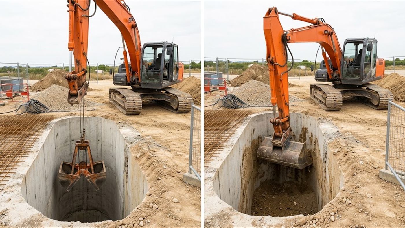 On the left, the clamshell bucket goes straight down the shaft and comes back up closed. On the right, in a narrow shaft, the bucket hits the walls and can no longer scrape. Computer-generated image.