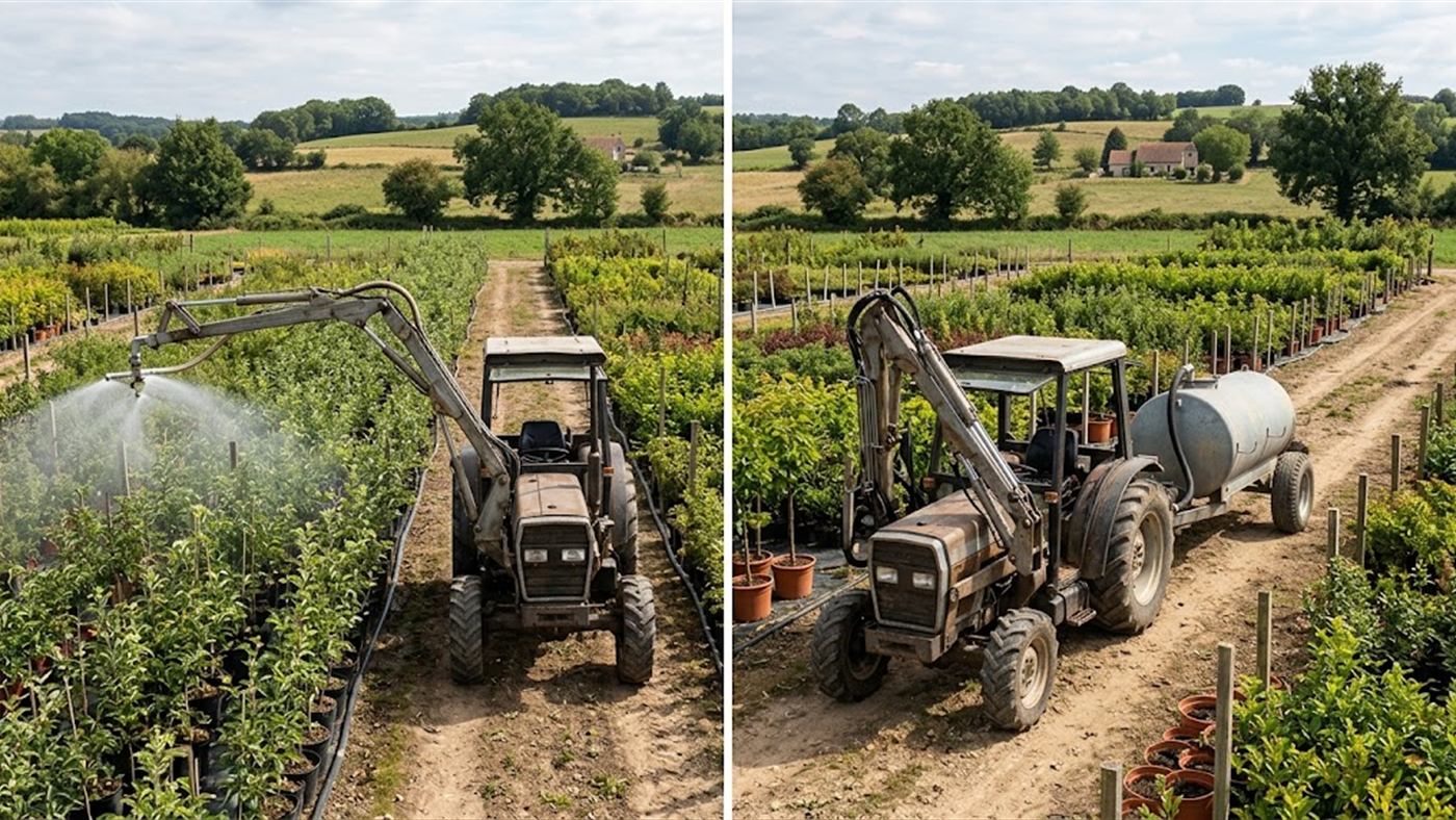 À gauche, le bras se déporte au-dessus du rang, le tracteur reste dans l'allée. À droite, l'eau vient d'une réserve séparée, reliée au bras par un flexible. Image de synthèse.