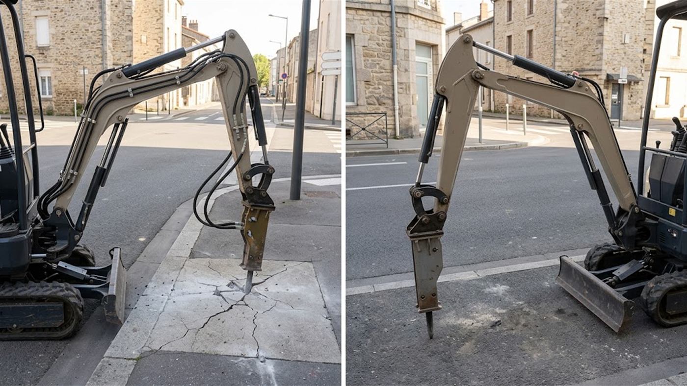 À gauche, les flexibles en bout de balancier alimentent le brise-roche sur la dalle. À droite, sans ligne hydraulique, la mini-pelle ne peut pas faire travailler le marteau. Image de synthèse.