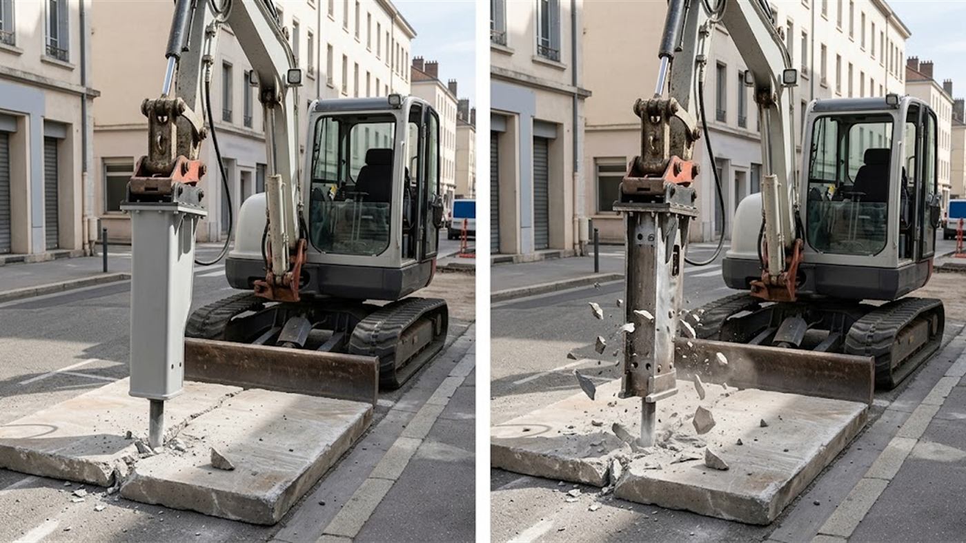 À gauche, le carter enferme le corps du marteau, en pleine cour d'immeuble. À droite, un brise-roche ouvert, dont le corps nu rayonne son bruit et prend les chocs. Image de synthèse.