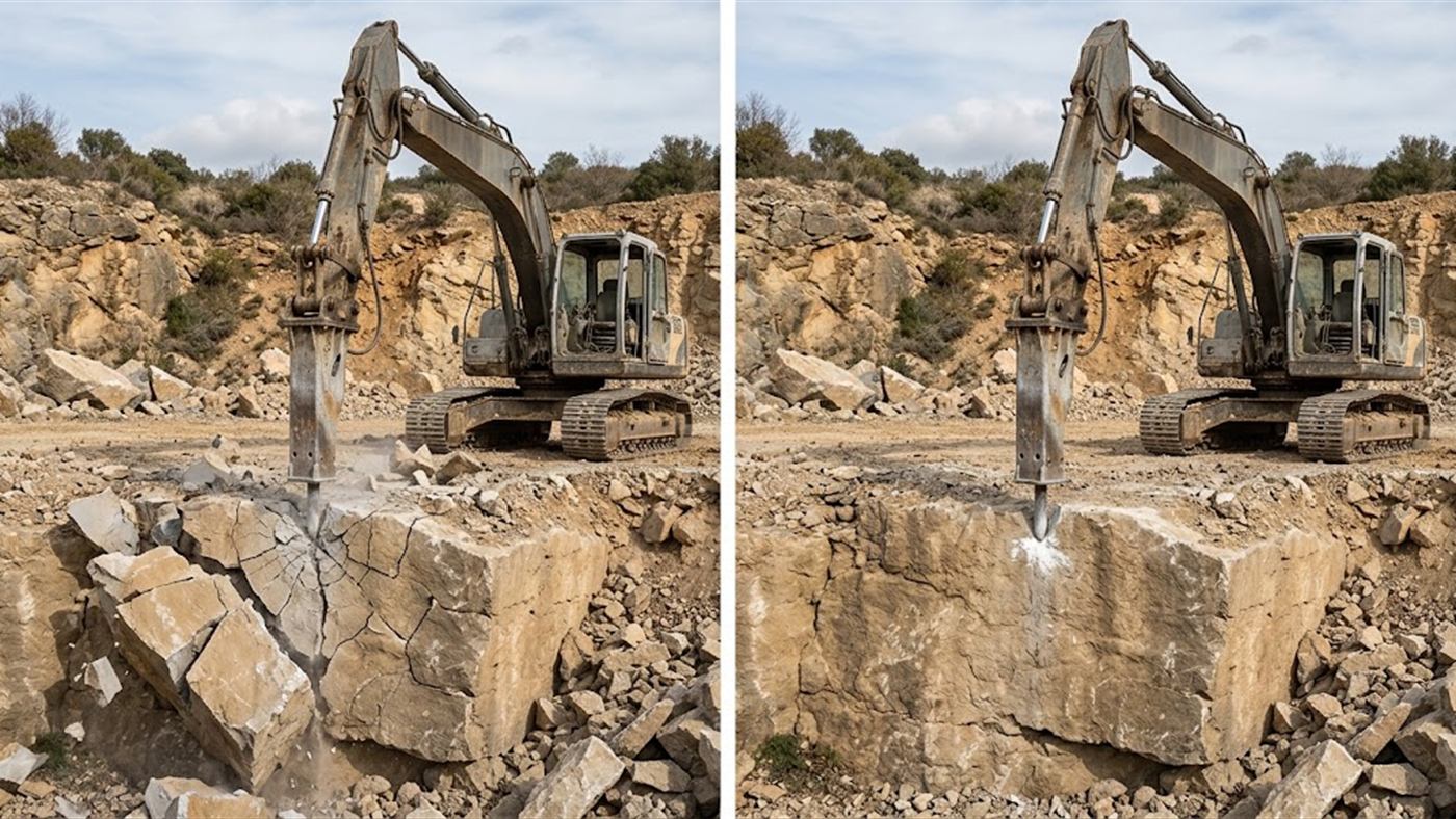 À gauche, bien choisi et bien alimenté, le brise-roche fend le banc rocheux en blocs. À droite, mal dimensionné ou mal alimenté, il marque la roche sans la fendre. Image de synthèse.