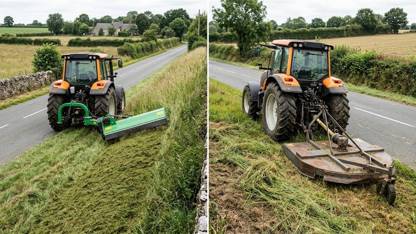 À gauche, le rotor horizontal et le rouleau suiveur laissent un broyat fin et régulier. À droite, le gyrobroyeur, lames tournant à plat, coupe l'herbe plus grossièrement. Image de synthèse.