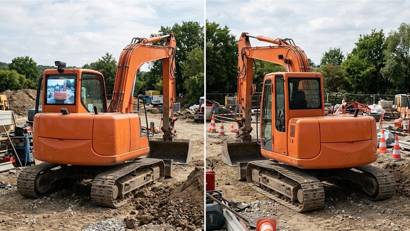 Links: Kamera und Bildschirm bringen den hinteren Bereich vor die Augen des Fahrers. Rechts: ohne Kamera bleibt der vom Oberwagen überstrichene Heckbereich ein toter Winkel. Computergeneriertes Bild.