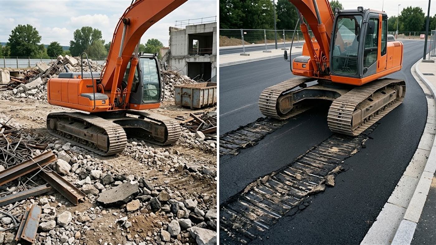 On the left, steel tracks hold up on rock and on demolition fill. On the right, on finished asphalt, the steel pads mark the surface. Computer-generated image.