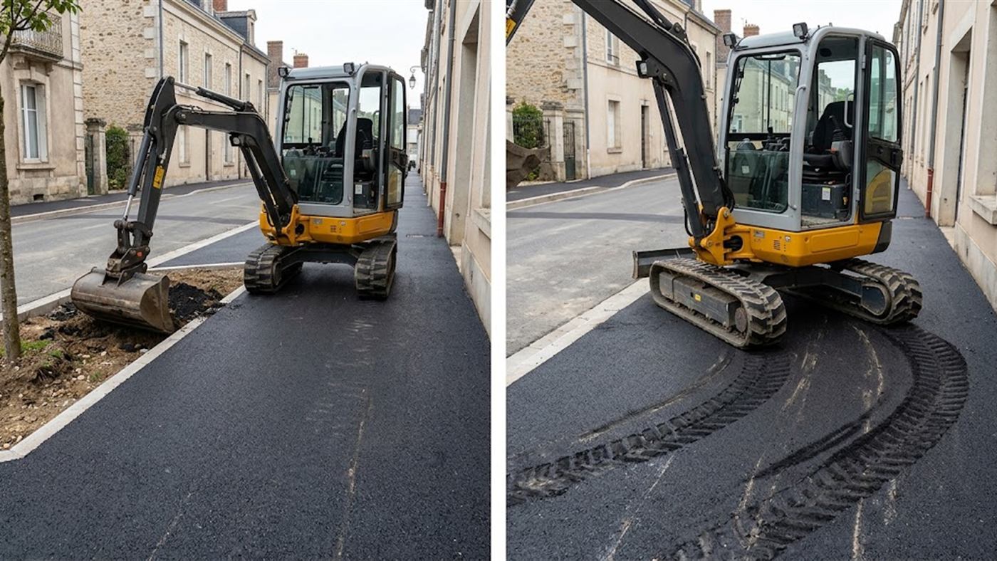 À gauche, des crampons adaptés au sol fini, et l'enrobé neuf reste intact. À droite, un profil agressif qui tourne sur l'enrobé s'use vite et le marque. Image de synthèse.