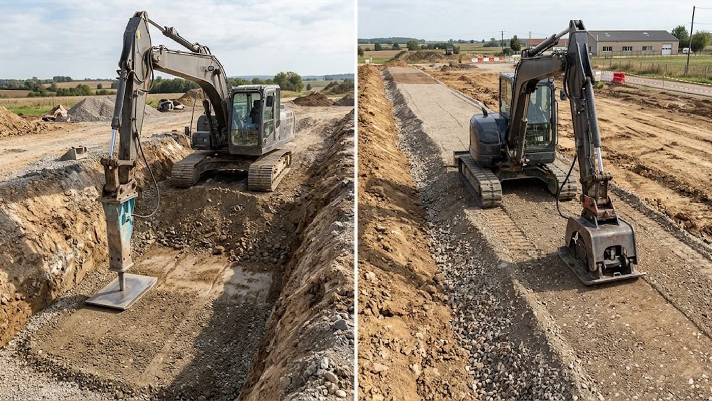 À gauche, la semelle à la place du pic, le marteau dame le fond de fouille. À droite, pour un vrai compactage, la plaque vibrante dédiée reste l'outil juste. Image de synthèse.