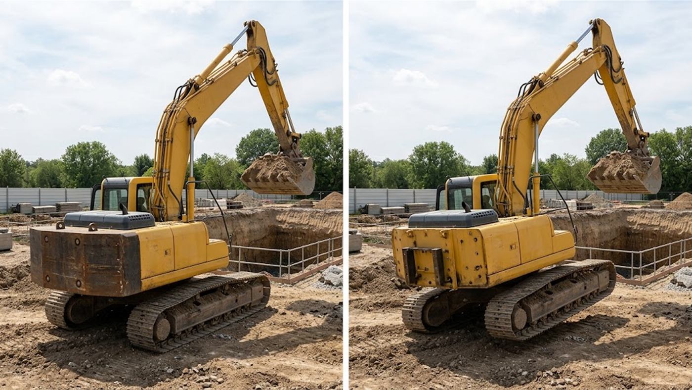 On the left, the counterweight restores the balance when the long arm works at full stretch. On the right, without it, the same load at reach lifts the rear of the machine. Computer-generated image.