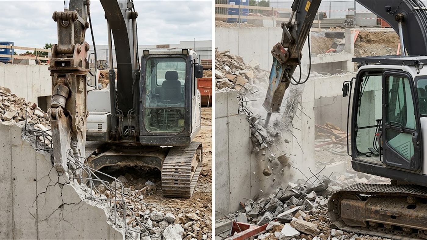 À gauche, les mâchoires éclatent le béton, les armatures ressortent nettoyées, prêtes au tri. À droite, au brise-roche, béton et ferraille tombent mêlés dans un même tas. Image de synthèse.