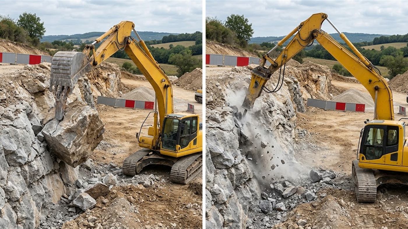 À gauche, la dent entre dans la fissure, la pelle tire et le bloc se déchausse. À droite, le brise-roche frappe la roche et demande une ligne hydraulique. Image de synthèse.