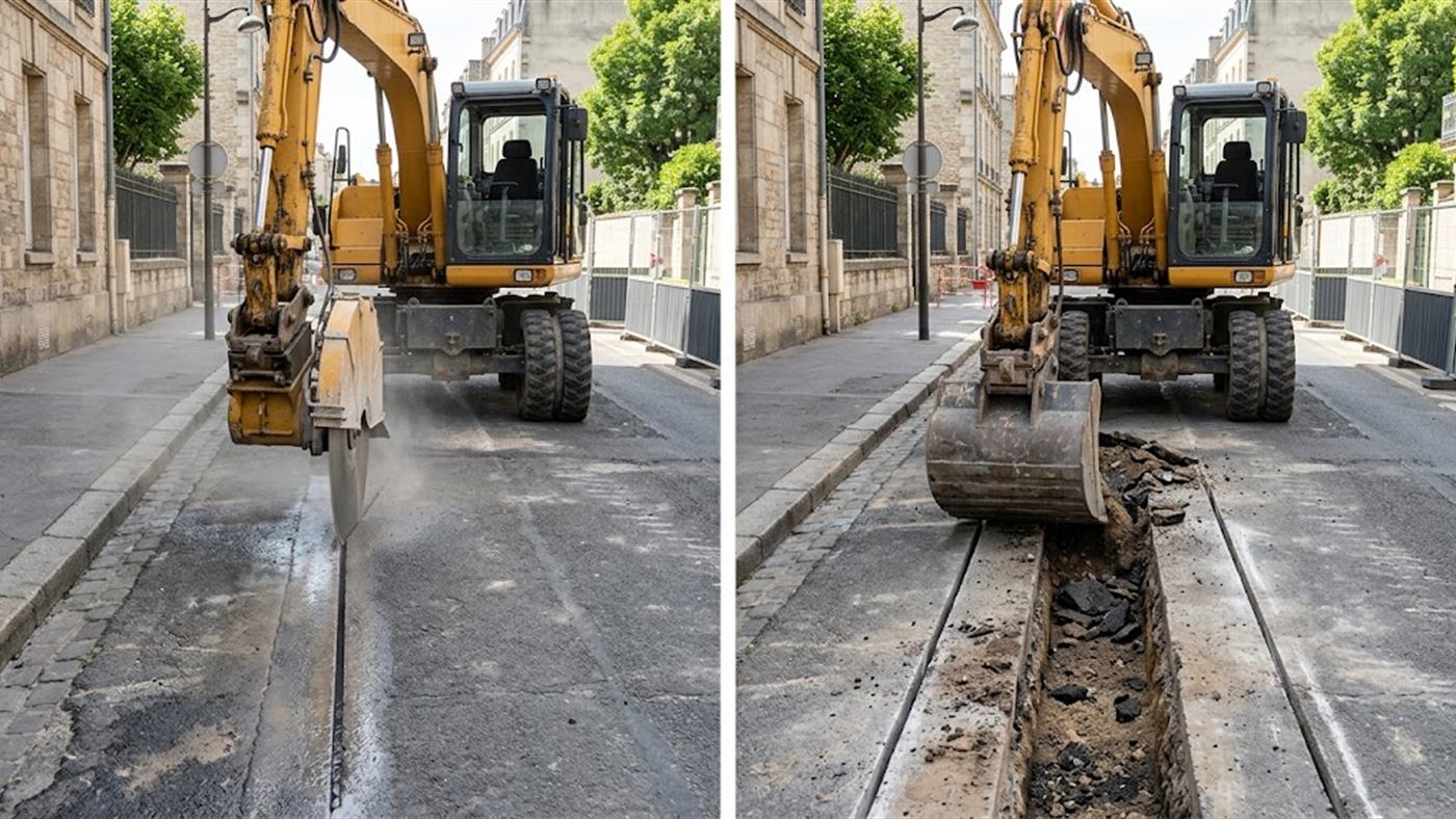 On the left, the diamond disc cuts the asphalt along the line, clean and vertical. On the right, the same excavator sets the disc down and opens the trench with the bucket. Computer-generated image.