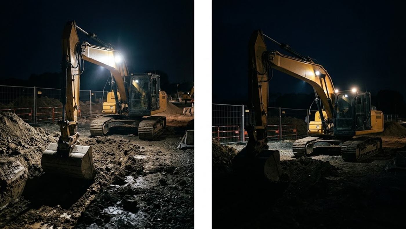 On the left, with lights on the boom, the cutting edge and the bottom of the excavation stay lit. On the right, with the light on the cab, the arm casts a shadow over the bottom of the excavation. Computer-generated image.