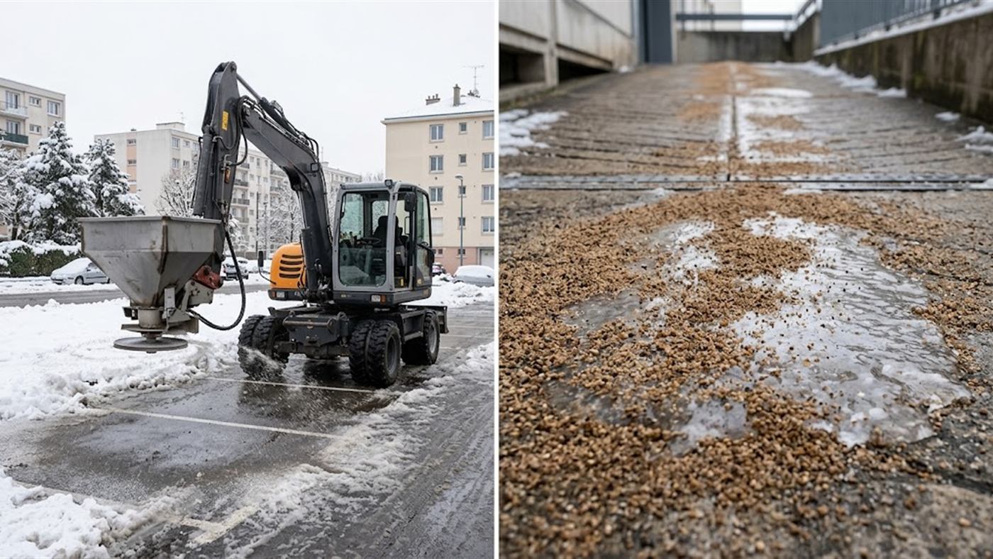 À gauche, le sel projeté sur la surface dégagée fait fondre ce qui reste. À droite, le sable ne fait rien fondre, il rend la glace adhérente. Image de synthèse.
