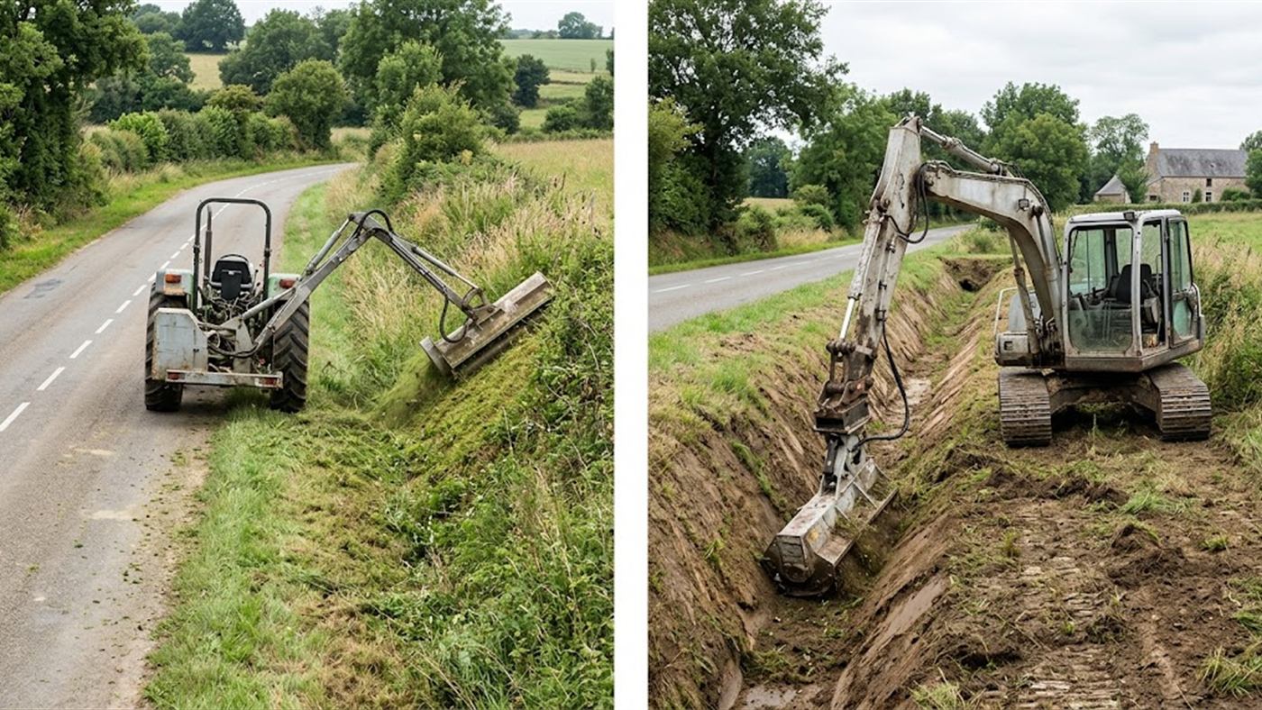 On the left, the offset arm gives the tractor the sideways reach it lacks. On the right, on an excavator, only the mulching head is fitted at the end of the arm. Computer-generated image.