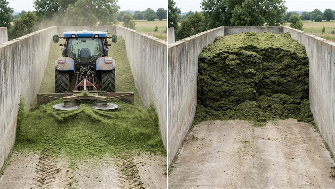 À gauche, les disques projettent l'herbe en éventail, en couche mince facile à tasser. À droite, poussée à la lame, l'herbe forme un tas épais, difficile à tasser. Image de synthèse.