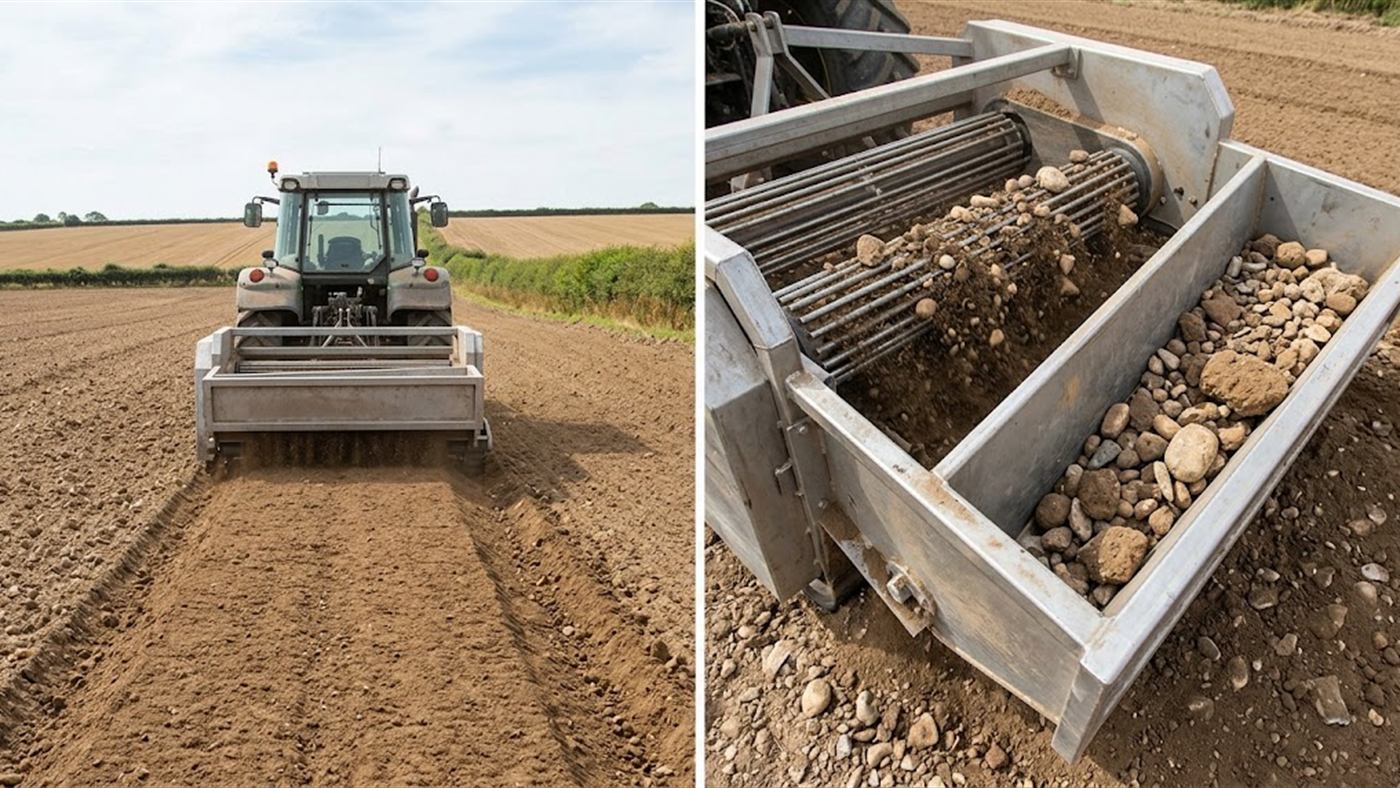 A la izquierda, la tierra fina atraviesa y cae formando un bancal, lista para la plantación. A la derecha, los rodillos de cribado separan las piedras y los terrones de la tierra fina. Imagen de síntesis.