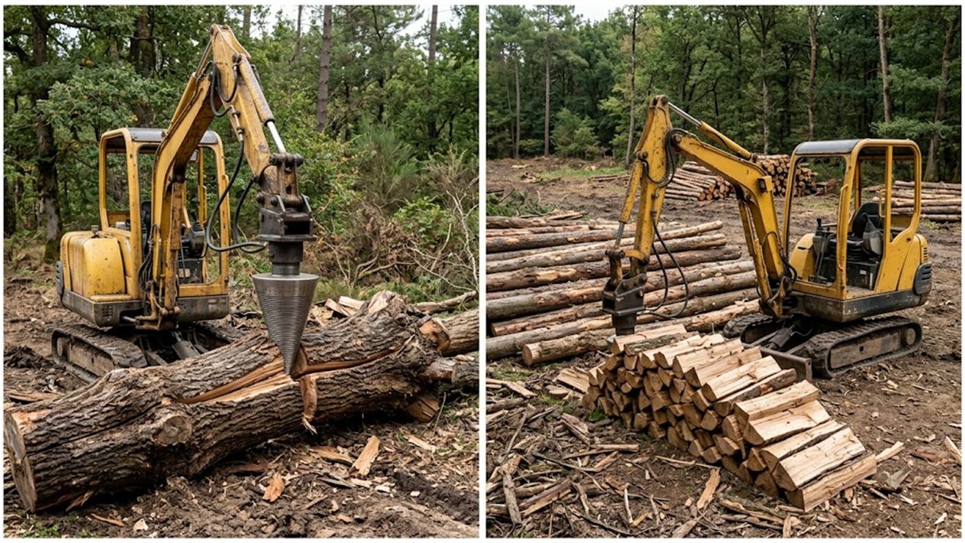 À gauche, le cône fileté se visse dans la bille et écarte les fibres. À droite, le bois est fendu là où il est tombé, puis transporté déjà réduit. Image de synthèse.