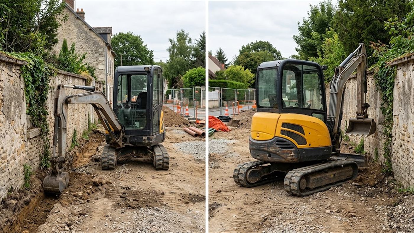 Links: mit dem Seitenversatz bleibt die Maschine parallel zur Wand und gräbt an ihrem Fuß. Rechts: ohne Seitenversatz steht die Maschine schräg und versperrt den Durchgang. Computergeneriertes Bild.