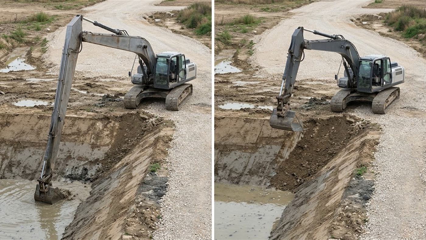 À gauche, depuis la piste, la flèche longue va chercher le fond du bassin. À droite, au même endroit, la flèche d'origine n'atteint que le bord. Image de synthèse.