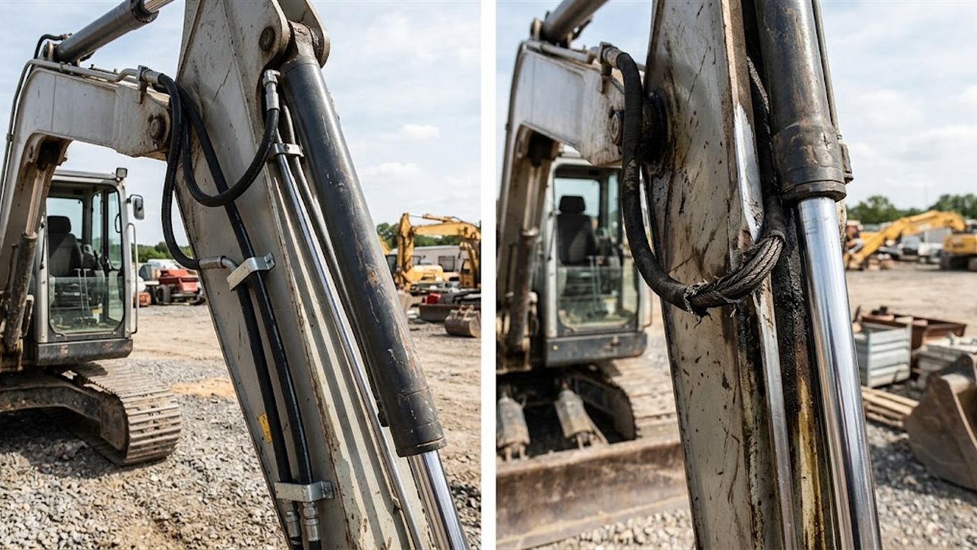 À gauche, flexibles bridés, sans contact avec la structure de la machine. À droite, un flexible qui frotte s'use jusqu'à la tresse et finit par lâcher. Image de synthèse.