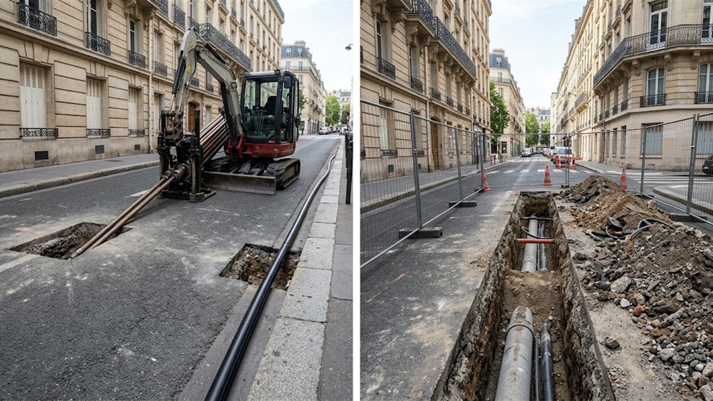 Links: die Bohrung führt unter der Straße hindurch und kommt auf der anderen Seite heraus, ohne sie aufzureißen. Rechts: der Graben erfordert Schneiden, Aushub, Verfüllung und Wiederherstellung der Fahrbahn. Computergeneriertes Bild.