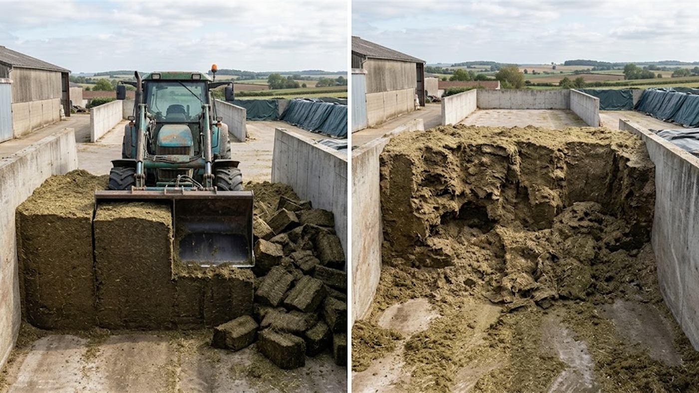 On the left, the blade slices the block and leaves a smooth, vertical silage face. On the right, torn out without cutting, the face rips and lets the air in. Computer-generated image.