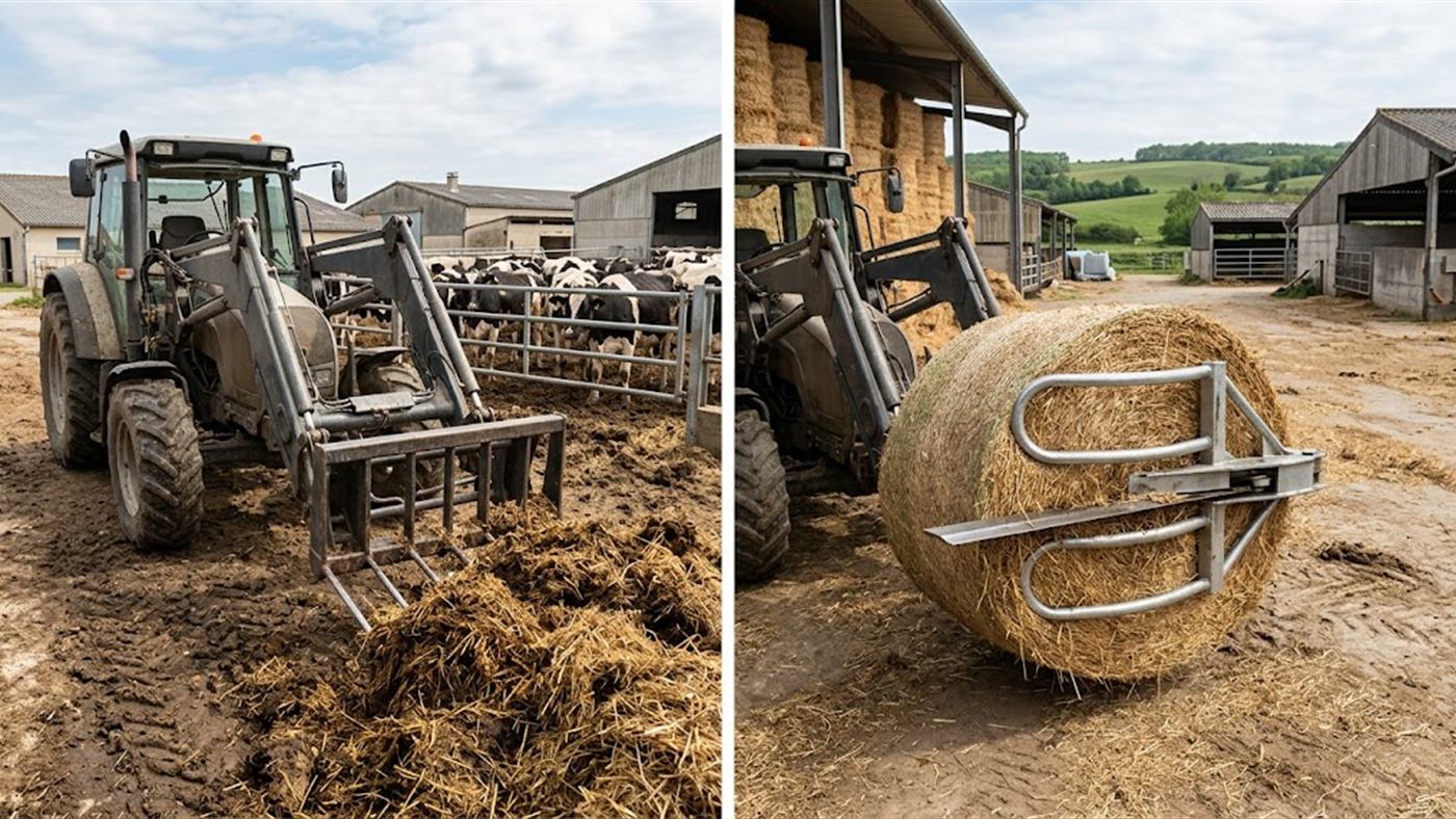 À gauche, la fourche à fumier pique le tas et le charge sans le tasser. À droite, la pince coupante tient la balle ronde et la tranche en deux. Image de synthèse.