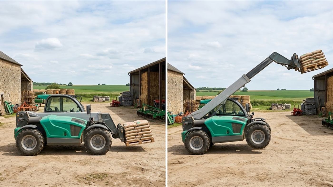 À gauche, fourches écartées à la largeur de la charge, palette appuyée contre le tablier. À droite, charge avancée en bout de fourche, la capacité réelle chute. Image de synthèse.