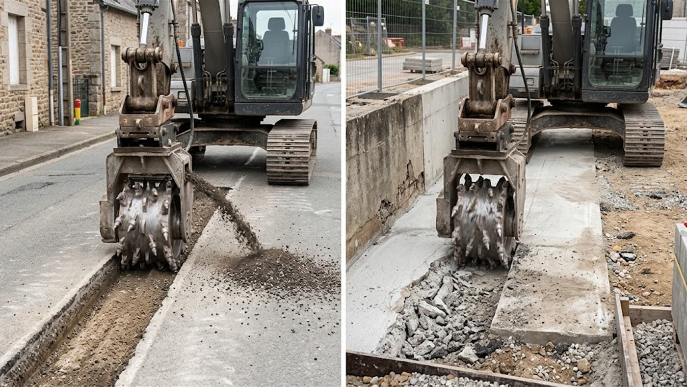 À gauche, le tambour à pics râpe l'enrobé et ouvre une saignée régulière. À droite, sans percussion, il retire le béton dégradé sans fissurer le béton sain. Image de synthèse.