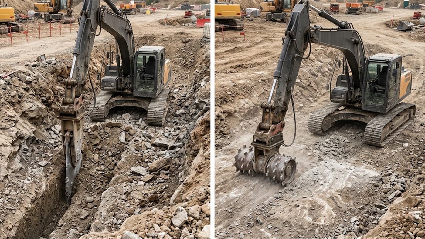 On the left, the vertical drum cutter goes down and opens a deep slot with straight walls. On the right, the transverse drum planes the surface without being able to go down. Computer-generated image.