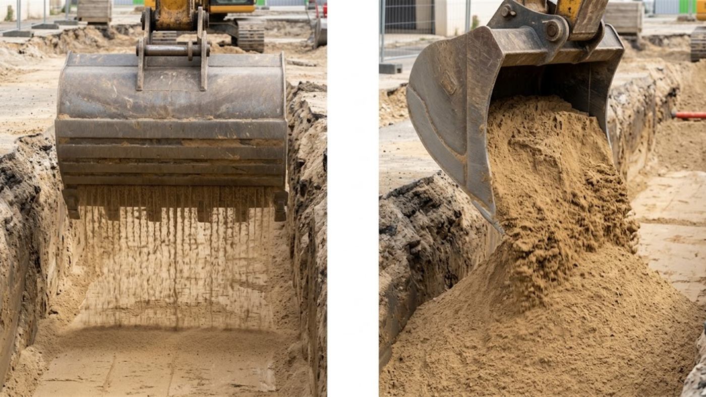 À gauche, la trappe s'entrouvre et le remblai tombe en couche, au débit voulu. À droite, le godet classique se retourne et lâche tout d'un coup, en tas. Image de synthèse.