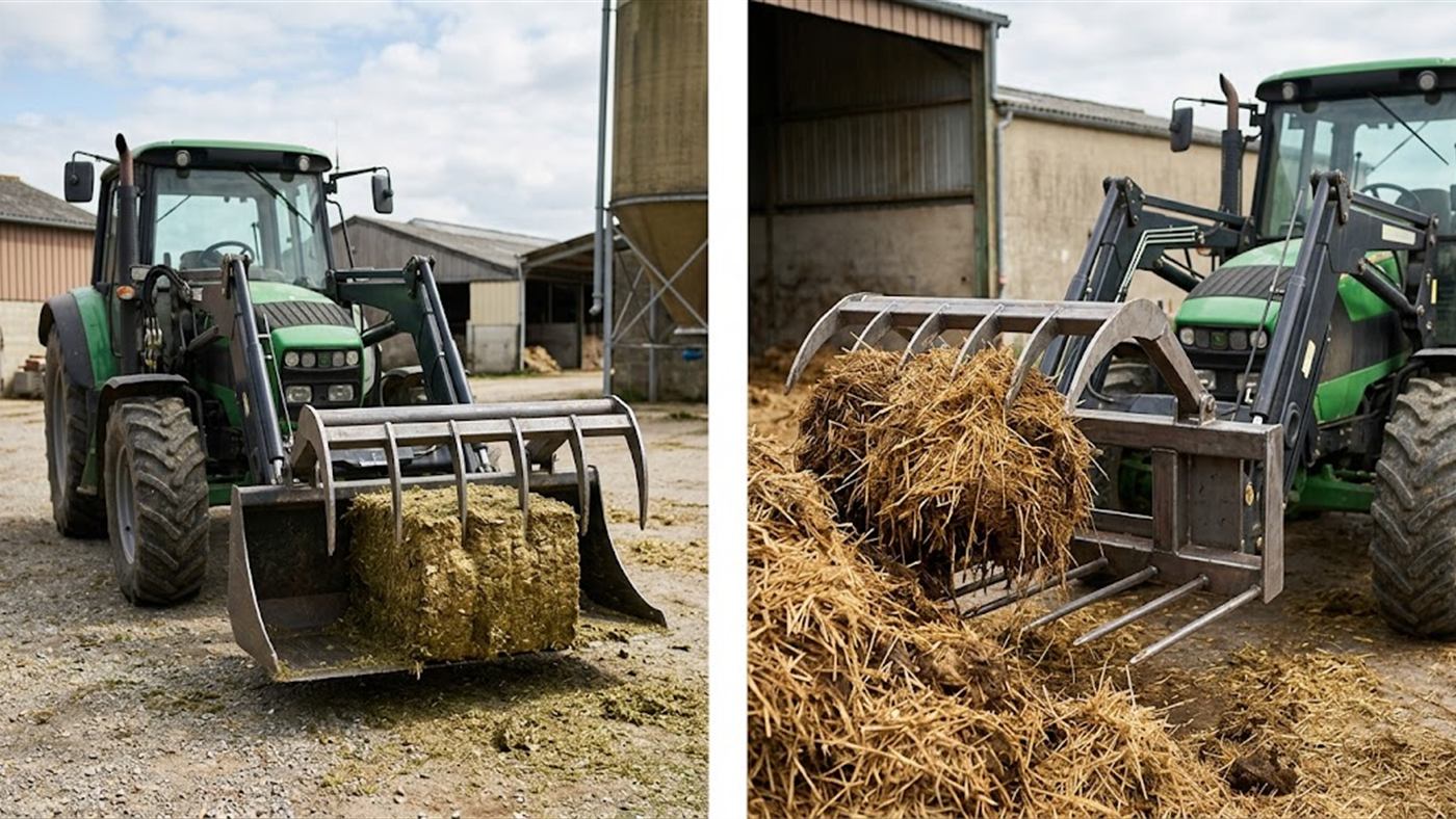 À gauche, le bras à dents pince l'ensilage contre le fond, rien ne tombe en chemin. À droite, la fourche-crocodile referme son bras sur le fumier pailleux. Image de synthèse.