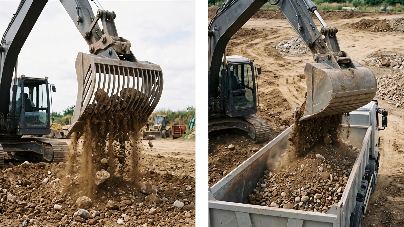 À gauche, en secouant le godet à grille, la terre retombe sur place et seules les pierres restent dedans. À droite, un godet plein emporte la terre avec les pierres et la charge part au camion pour rien. Image de synthèse.