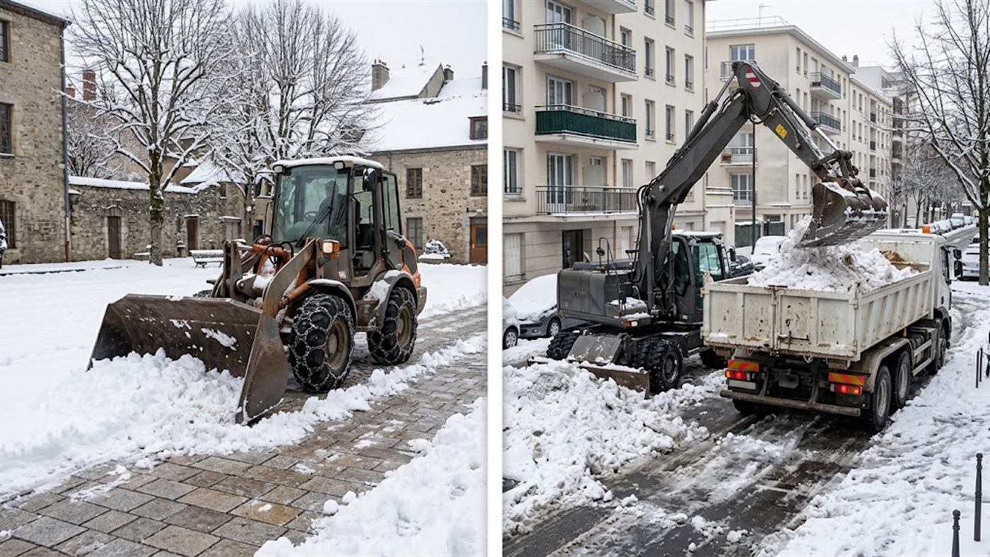 À gauche, grand godet léger à racloir lisse, il pousse la neige sans rayer les pavés. À droite, sur une pelle, il reprend un tas accumulé et charge un camion. Image de synthèse.