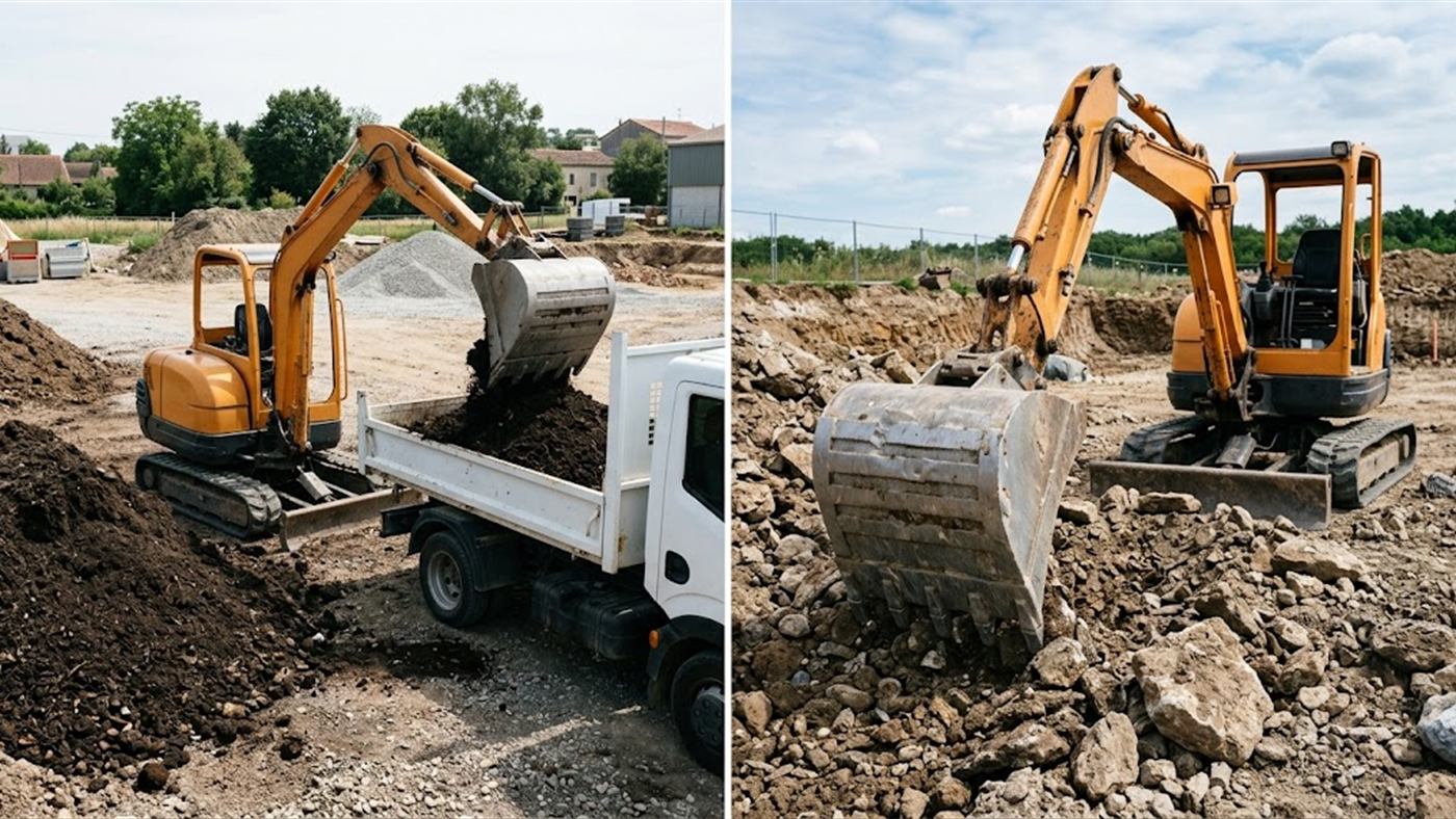 À gauche, godet allégé, la mini-pelle déplace plus de produit léger à chaque cycle. À droite, sur un sol caillouteux, le godet allégé s'abîme sans creuser. Image de synthèse.