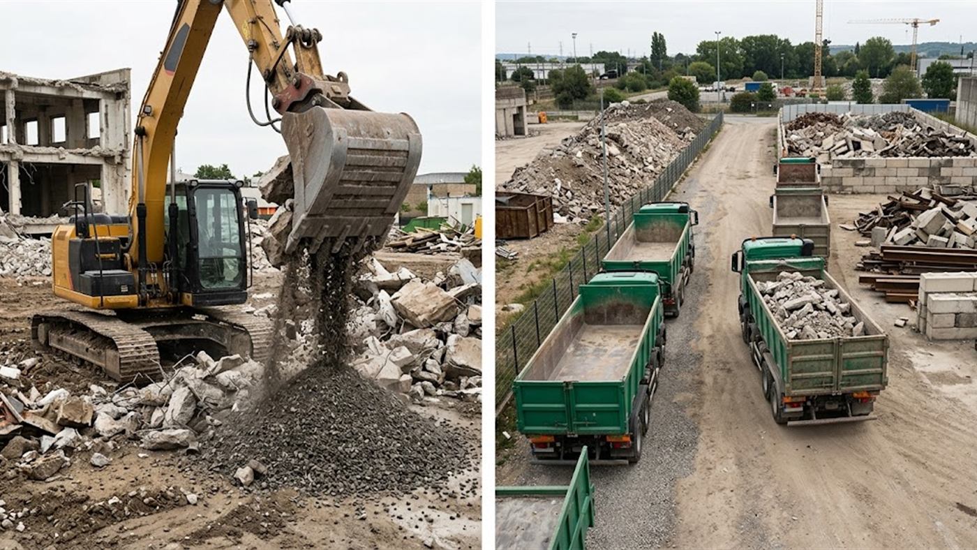 À gauche, les gravats chargés ressortent en granulat, sur place, dans le godet. À droite, sans lui, les gravats partent en camion vers la décharge. Image de synthèse.